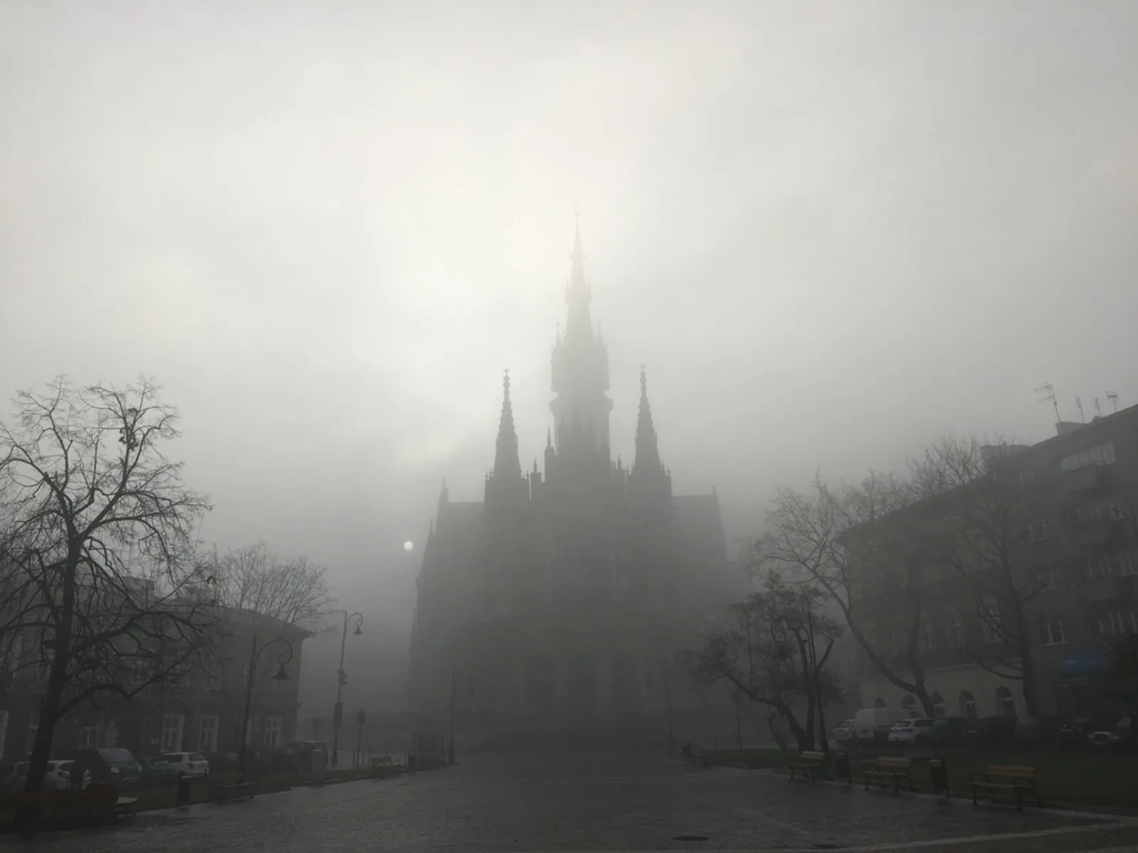 Gothic church in fog, Krakow